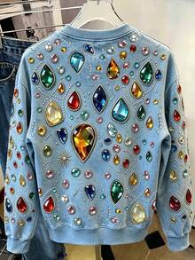 Resyla Sweatshirt Wanita Warna Biru Muda dengan Hiasan Rhinestone untuk Pakaian Kasual Sehari-hari, Cocok untuk Acara Malam di Musim Gugur - MultiWarna - View 2