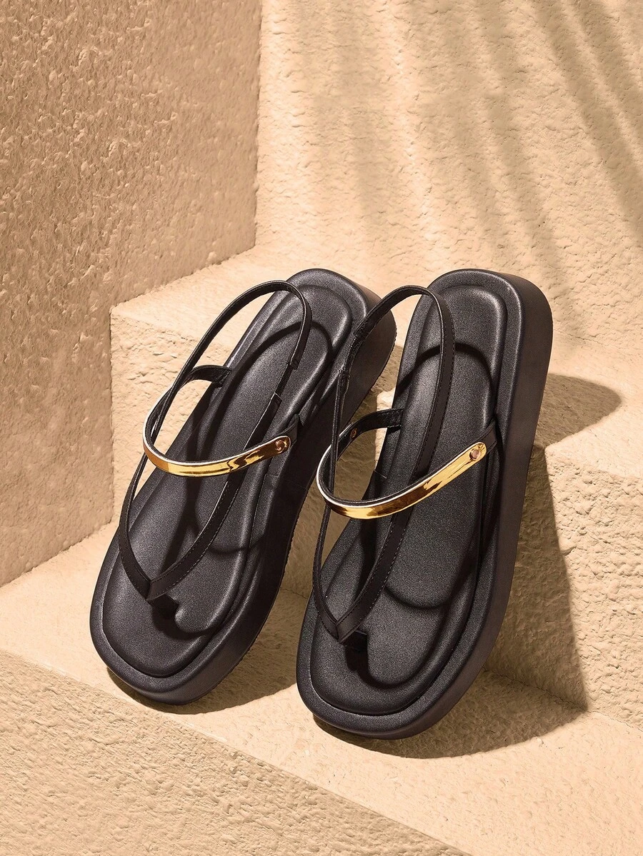 HighSole 女款舒適休閒厚底夾腳涼鞋 綁帶方頭 夏季日常通勤極簡咖啡色厚底涼鞋 - 黑色 - 查看 1