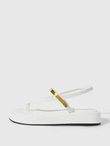 HighSole 女款舒適休閒厚底綁帶方頭夏季日常通勤極簡白色夾腳厚底涼鞋 - 白色 - 查看 2