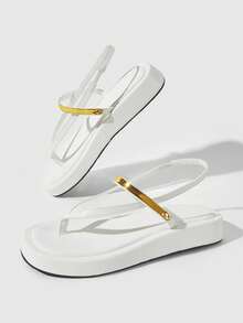 HighSole 女款舒適休閒厚底綁帶方頭夏季日常通勤極簡白色夾腳厚底涼鞋 - 白色 - 查看 3