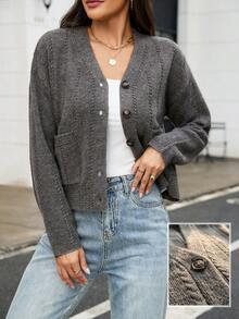 SHEIN PariChic Women's Elegant Lazy Versatile Double Pocket Knit Cardigan - Grey - View 4