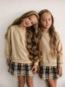Emery Rose Kids Emery Rose Kids 女童拼接格紋可愛休閒春秋冬季運動衫洋裝 - 卡其色 - 查看 4
