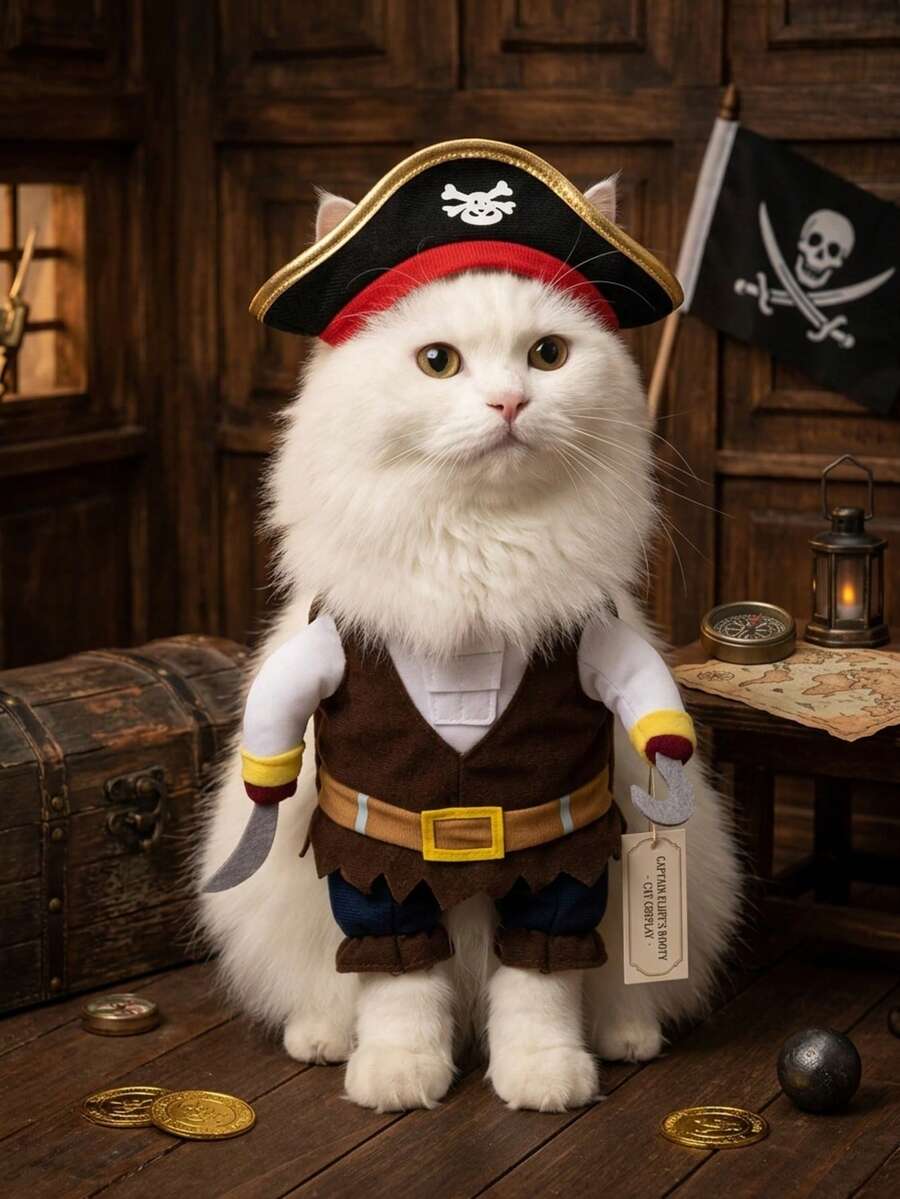 PETSIN 1 PC Halloween Pet Pirate Costume Cosplay With A Hat, Cat And Small Dog In Two Pieces Clothing - Brown - View 1