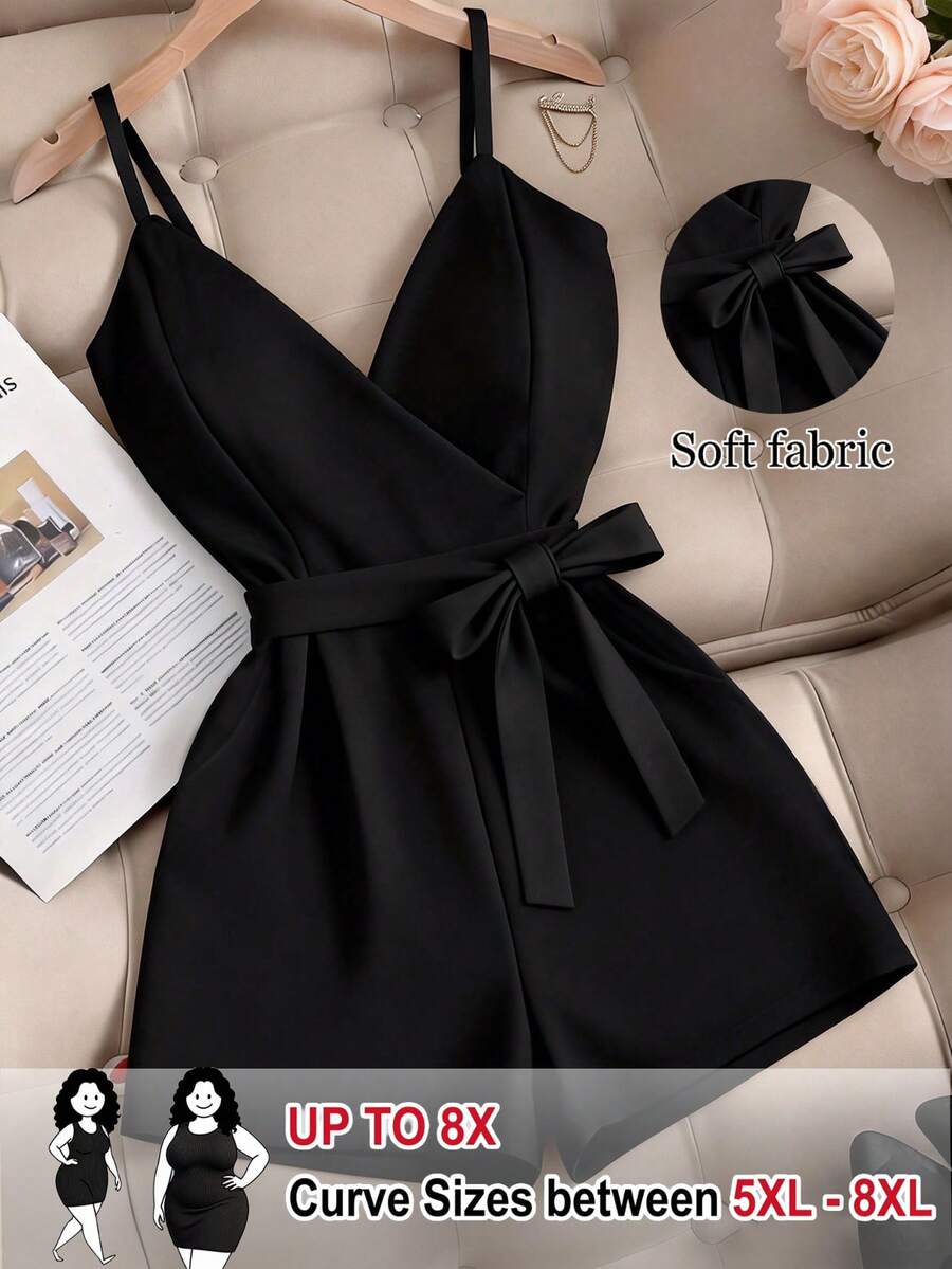 SHEIN CURVE+ 大尺碼夏季優雅純色交叉裹身細肩帶連身褲 - 黑色 - 查看 1