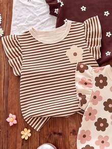 Souflis Souflis Kaos Lengan Pendek Leher Bulat Motif Bunga Ditsy Bohemian, Garis-garis Ungu Lembut, Pola Pita 3D, Kasual, Sederhana, Serbaguna untuk Anak Perempuan, 1 buah, Cocok untuk Musim Semi - Putih - View 3