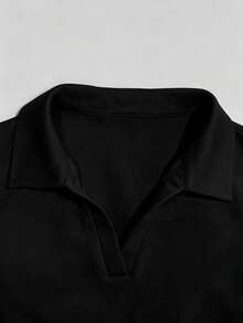 SHEIN Franclia 女款夏季 Polo 領短袖收腰洋裝，A 字版型，簡約顯瘦短洋裝，適合日常通勤、外出與野餐 - 黑色 - 查看 5