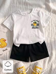 SHEIN 男嬰休閒極簡卡通圖案短袖上衣與短褲套裝，適合夏季 - 彩色 - 查看 2