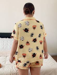 Napfluff CURVE Napfluff CURVE Halloween Themed Cartoon Print Bubble Crinkle Button-Up Short Sleeve Shorts Pajama Set Plus Size - Yellow - View 2