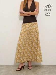 Nöista 高腰印花中長裙，斜片拼接設計，優雅秋季休閒風，適合返校、外出、辦公室 - 鵝黃色 - 查看 1