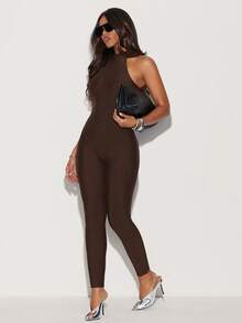 Hauture Women's Sexy High Mock Neck Fitted Bodycon Backless Jumpsuit - Brown - View 6