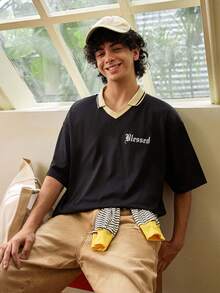 Whitmere Men's Patchwork Vintage Pattern T-Shirt With Special Character Print, Suitable For Daily Wear - Black - View 1