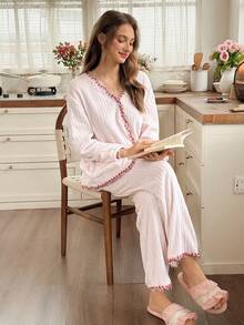 Snug Reverie Women's Autumn/Winter Plush Embroidered Lace Trim Double Pocket Open Front Long Sleeve Pants Pajama Set - Pink - View 5