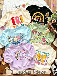 SHEIN 1pc Random, Girls Back To School Cartoon Crew Neck Sweatshirt, Pencil Print, Rainbow Apple Pencil Print, Cute Pencil School Bus Bow Print, Loose Drop Shoulder Soft Long Sleeve Pullover, Children's Autumn Winter Daily Versatile Casual Lively Top, School Style Top, Spring Summer Autumn Winter, All Season Spring Autumn Winter, Four Seasons Style - Multicolor - View 1