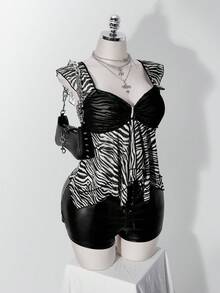 SHEIN ICON 女款大尺碼斑馬紋不對稱下擺荷葉袖上衣 - 彩色 - 查看 8