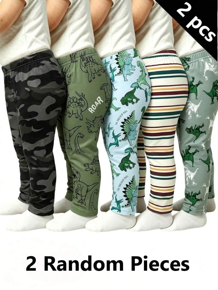 SHEIN Vintaside Kids 隨機 5 件發 2 件,新款可愛舒適簡約軟綿休閒恐龍印花迷彩男童長褲,日常長褲,男孩喜歡的圖案禮物 - 彩色 - 查看 1