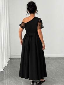 Elenzga Women's Plus Size Spring Summer Autumn Black Long Dress, 3D Floral Mesh Patchwork Knit Fabric, Asymmetrical Shoulder Short Sleeve, Cinched Waist, A-Line, Elegant Casual For Daily Wear, Home, Office, Beach, Vacation, Holiday, Romantic Gathering, Date, Wedding Guest, Party - Multicolor - View 2