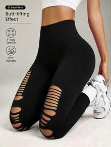Slayform Slayform Legging Ketat Olahraga Wanita Tanpa Jahitan dengan Lubang-Lubang untuk Pemakaian Sehari-hari - Hitam - View 1