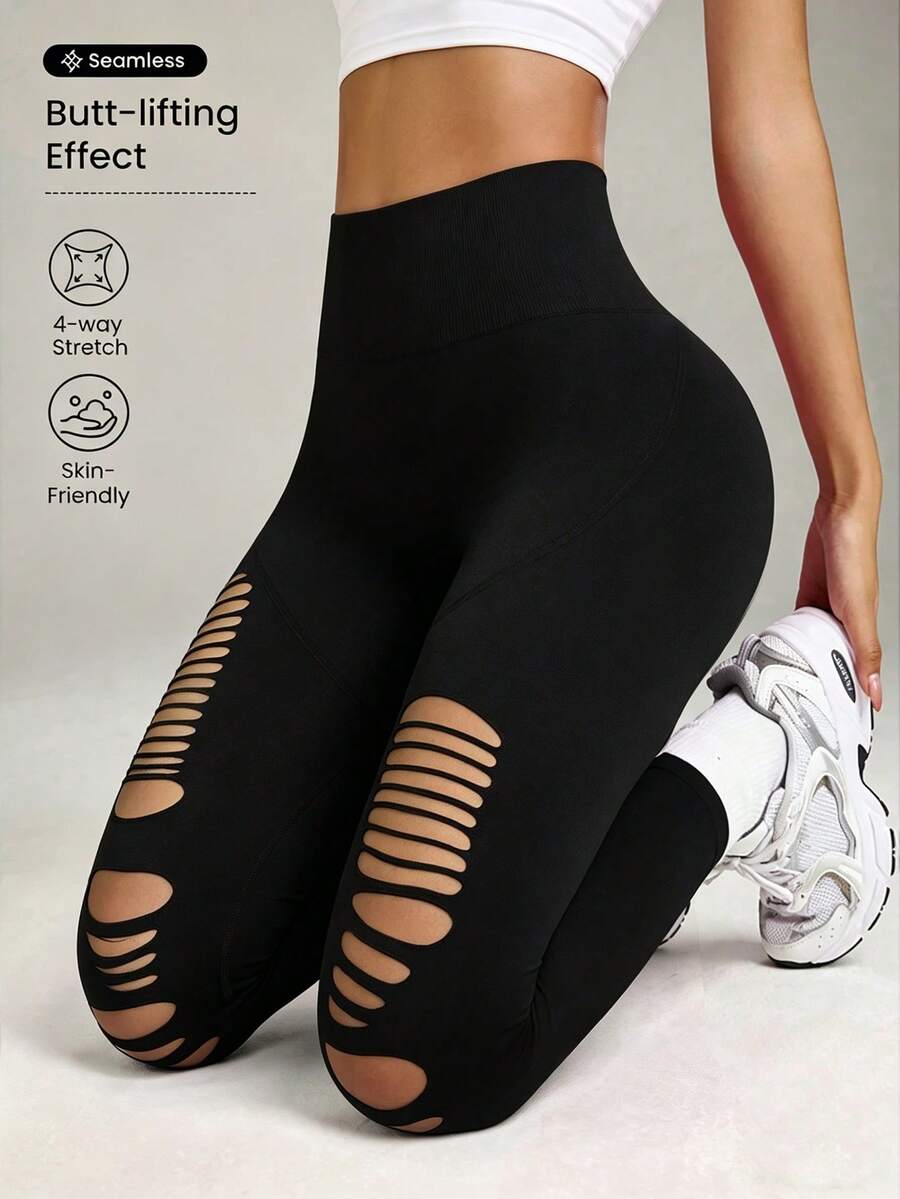 Slayform Slayform Legging Ketat Olahraga Wanita Tanpa Jahitan dengan Lubang-Lubang untuk Pemakaian Sehari-hari - Hitam - View 1