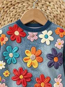 SHEIN 女童 2件組休閒時尚百搭春/秋/冬套裝，5-15°，小女孩圓領衛衣搭配內搭褲套裝，可愛甜美花卉圖案數位印花內搭褲 2件組，適合返校、派對、戶外野餐、街拍、校園、假期、禮物 - 彩色 - 查看 6