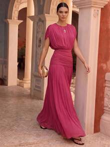 Anewsta Spring/Summer New Solid Color Elastic Mesh Soft Delicate Round Neck Ruched Design Long Dress For Women Party Night Fuchsia Pink Elegant - Hot Pink - View 6