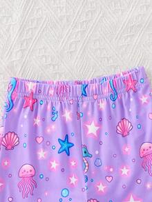 SHEIN 女童卡通印花細肩帶上衣與短褲居家服套裝 - 紫色 - 查看 8