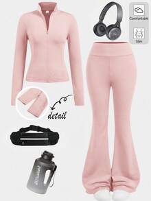 SHEIN Girlism Teen Girls 2pcs Set Zipper Solid Color Long Sleeve Top And Long Pants,Casual Sports Fashion Suit - Dusty Pink - View 1