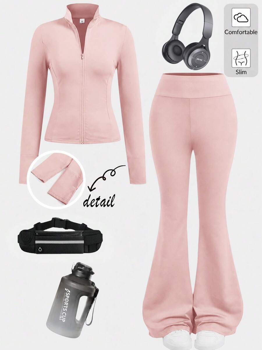 SHEIN Girlism Teen Girls 2pcs Set Zipper Solid Color Long Sleeve Top And Long Pants,Casual Sports Fashion Suit - Dusty Pink - View 1