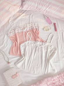 Slumberry CURVE Plus Size Women Sweet Lace Camisole Nightwear Top 2pcs/Set Light Pink White Summer Night - Multicolor - View 1