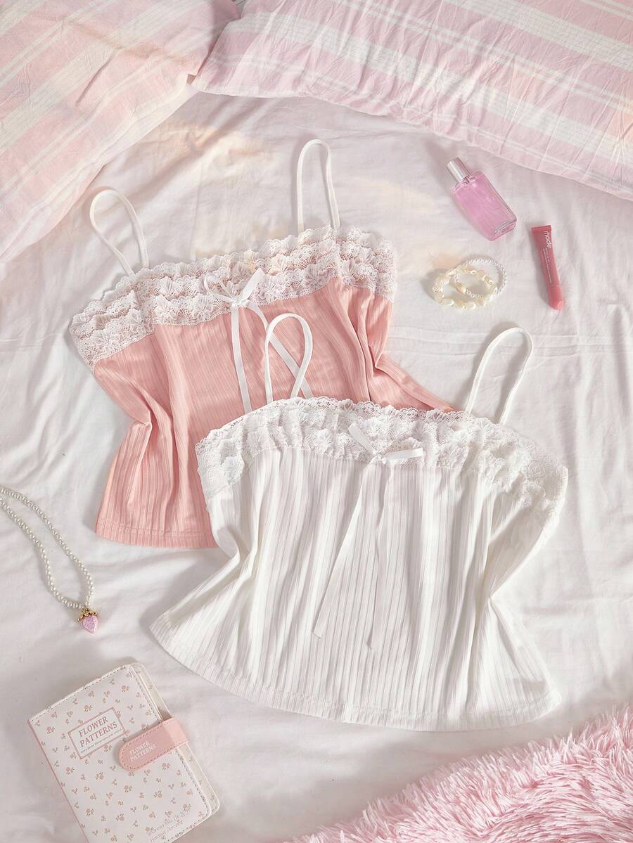 Slumberry CURVE Plus Size Women Sweet Lace Camisole Nightwear Top 2pcs/Set Light Pink White Summer Night - Multicolor - View 1