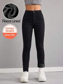 SHEIN 女童黑色牛仔彈力抓絨內裡內搭褲 - 黑色 - 查看 3