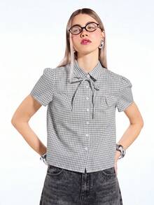 COUREZ Front Tie Short Sleeve Check Shirt , Y2K For Women Autumn Shirt Button Up Rave Club Fall Top Cute Top - Multicolor - View 5