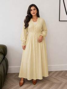 Solavon Vestido Talla Grande con Encaje Francés, Patchwork, Botones, Puños Acampanados, Amarillo, Otoño, Elegante, Casual, Celestial, para Brunch, Fiesta Formal Temática - Amarillo - Ver 8