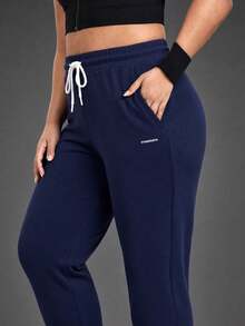 Powerista Women's Plus Size Summer And Spring Mid-Rise Navy Outdoor Jogger Pants With Drawstring Waist And Side Pockets Casual And Comfortable Outdoor Wear - Navy Blue - View 6