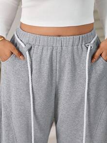 Solflare Casual Versatile Grey Curved Leg Plus Size Sweatpants - Light Grey - View 6