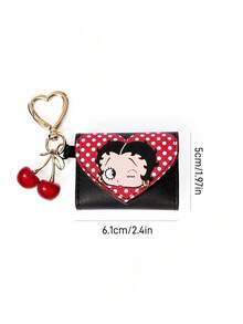 Betty Boop x SHEIN Vintage Polka Dot Cartoon Mini Jewelry Pouch, Heart Flap Design With Heart Clip & Cherry Charm, Portable For Rings Earrings Necklaces, Jewelry Storage - Multicolor - View 6