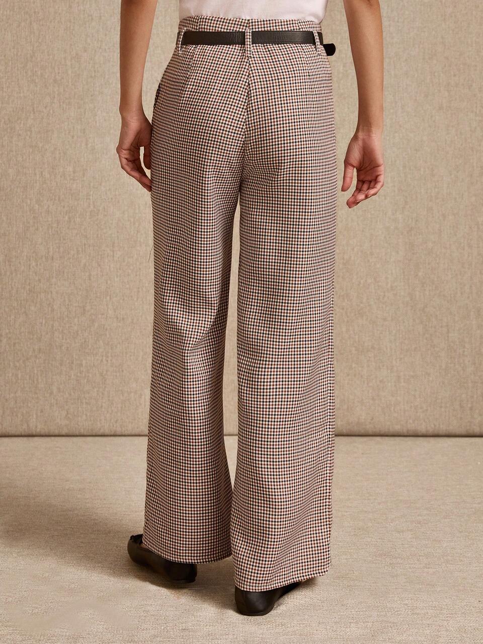 Vintage Brown And Black Checked Straight-Leg Pants With A High Waist And Black Belt Parisian Style