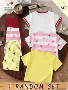 (1 Random Item From 3) Girl's Refreshing Pink And White Striped Cherry Strawberry Lemon Bow Letter Printed Basic Short T Plus Cycling Pants Set - Multicolor - View 2
