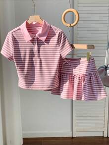 Girls' Summer Striped Polo Set, Classic Pink And Brown Striped Combination, Suitable For All Skin Tones - Pink - View 3