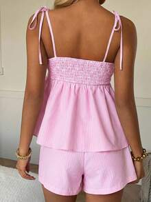 SHEIN EZwear Plus Size Women's Striped Pleated Camisole Top And Shorts Casual Sexy Elegant Cute Daily 2 Pieces Set Lounge Night Pink Summer Vacation Wedding Guest - Baby Pink - View 2
