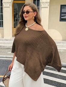 Easura 女款春夏秋時尚休閒不對稱鏤空露肩寬鬆顯瘦大尺碼長袖套頭針織衫，外穿上衣，適合海灘、度假 - 咖啡棕 - 查看 5