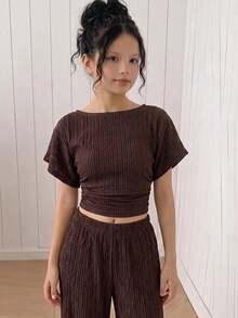 SHEIN 青少年女孩 2件組針織童裝紋理套裝，時尚百搭設計，適合日常穿著、街頭風、套裝搭配 - 棕色 - 查看 4