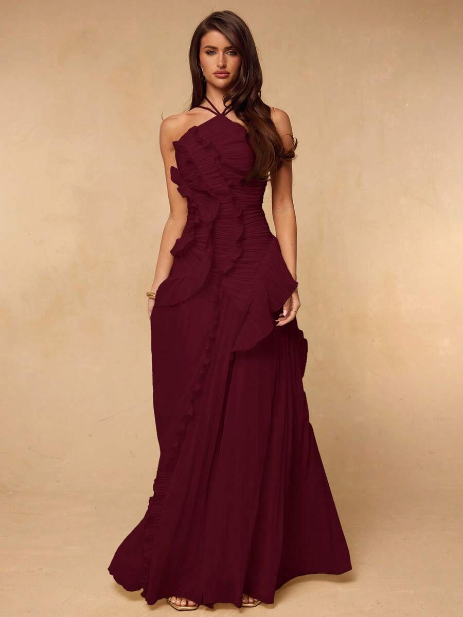 SHEIN BAE 春夏女款酒紅色掛脖百褶精緻開衩高衩洋裝,婚禮晚宴賓客禮服,情人節洋裝,優雅洋裝 - 酒紅色 - 查看 1