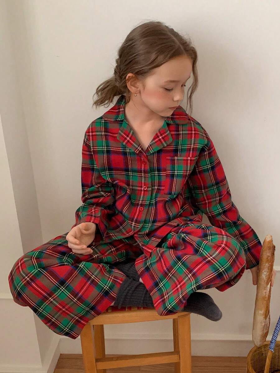 Dazy Kids Tween Girl Plaid Collared Single-Breasted Long Sleeve Top And Pants Loungewear Fall - Red - View 1