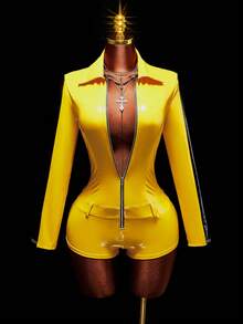 Amplova Women's Halloween Cosplay Black & Yellow Contrast Color Tight Romper Unitard Sexy Casual - Yellow - View 2