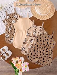 1pc Random, Baby Girl Summer New Soft Fabric Leopard Print Rabbit Pattern Printed Cami Round Neck Casual Romper, Casual Style Cute Style - Multicolor - View 2