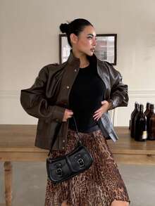 DAZY Women's Autumn Stand Collar Long Sleeve Dark Brown PU Leather Short Jacket, Loose Casual Streetwear Commuter Outdoor Motorcycle Style - Brown - View 2