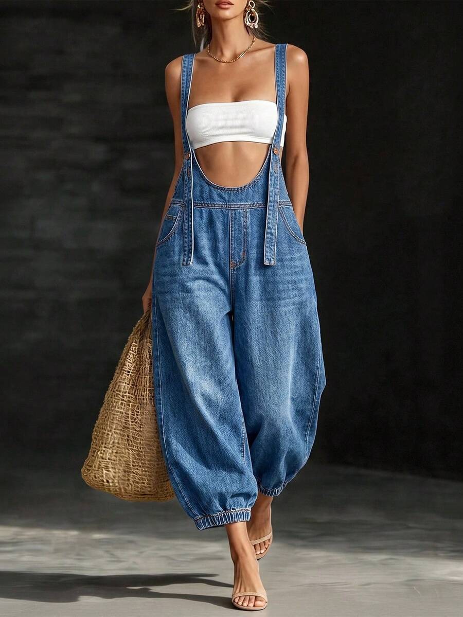 LUMIGAL Cold Shoulder Adjustable Strap Loose Washed Boho Denim Jumpsuit, Suitable For Daily Commute, Outings, Gatherings And Other Occasions - Blue - View 1