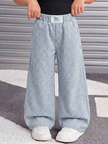 SHEIN Young Girl Y2k Versatile Soft Cotton Patch Blue Striped Denim Loose Baggy Jeans, Fall/Winter, For Young Girls Back-To-School And Daily Wear - Medium Wash - View 4