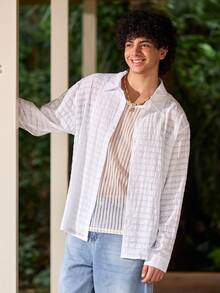 Whitmere Men's Hollow-Out Fabric Single-Breasted Casual Long Sleeve Shirt, Spring/Summer - White - View 5