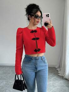SHEIN PariChic 泡泡袖青蛙扣中式短版優雅女式襯衫 - 紅色 - 查看 3